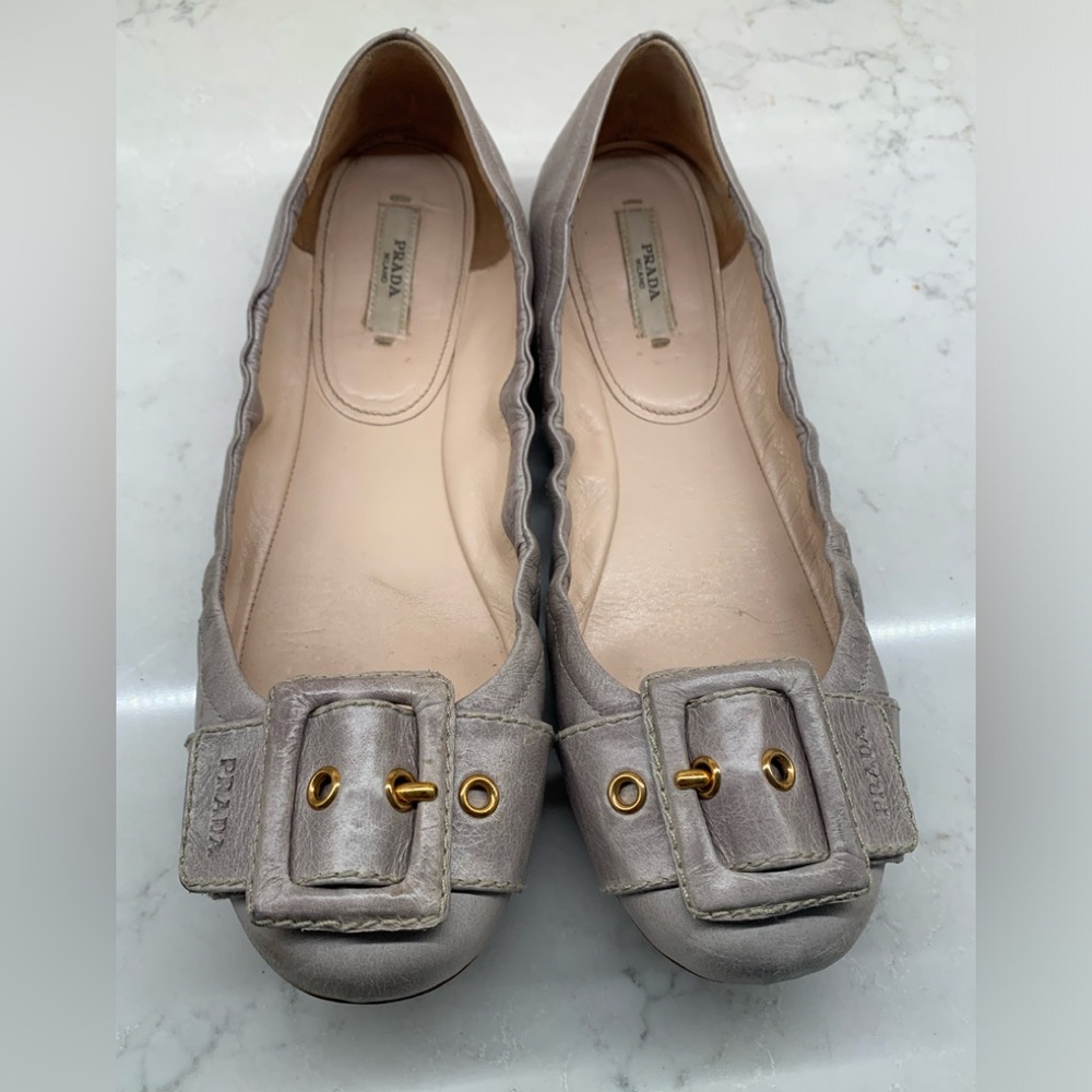Prada Gray Leather Ballet Buckle Flats Size 40 9.5 10